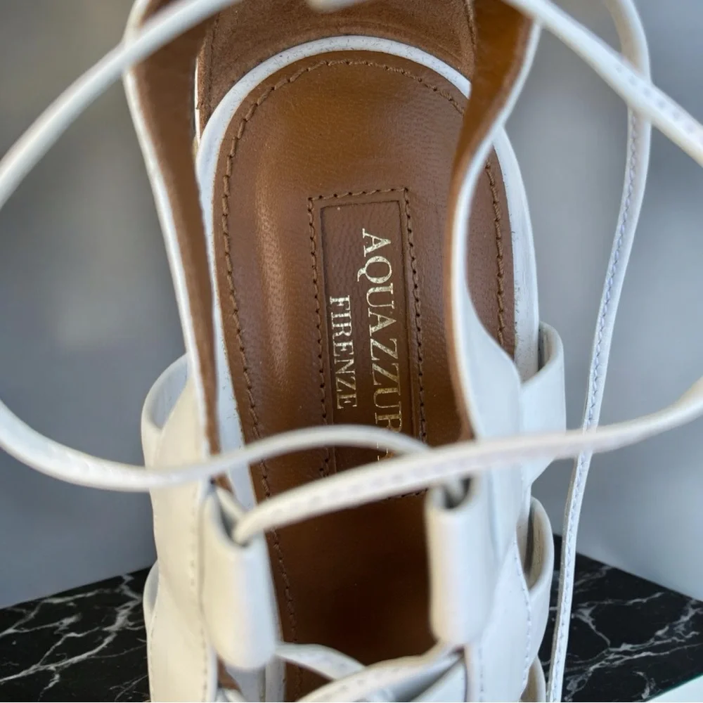 Aquazzura Firenze Amazon Gladiator White Leather Lace-Up Strappy Wedge Sandals